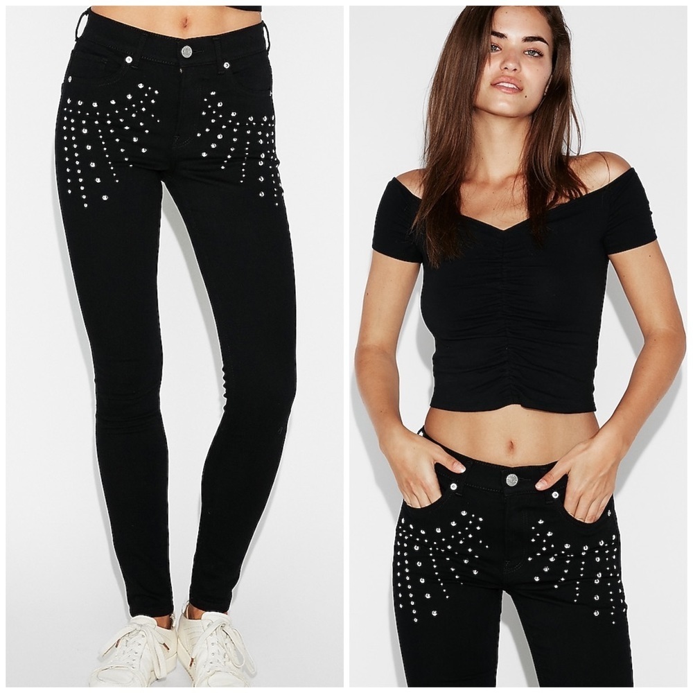 🖤 EXPRESS Black Studded High Waisted Skinny Jean Leggings - Picture 3 of 13